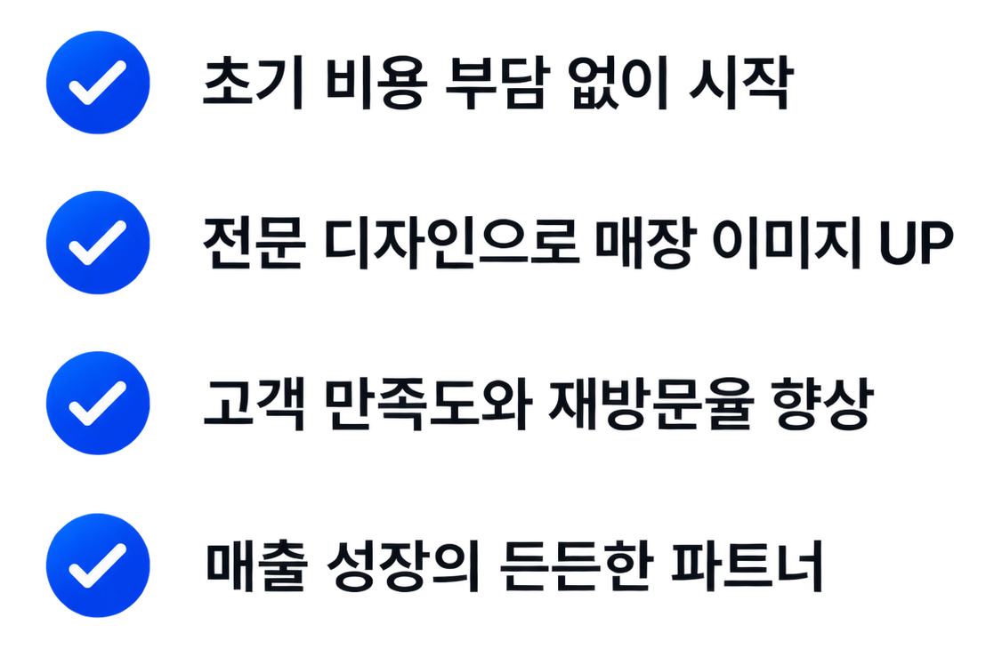 초기 비용 부담 없이 시작, 전문 디자인으로 매장 이미지 UP, 고객 만족도와 재방문율 향상, 매출 성장의 든든한 파트너